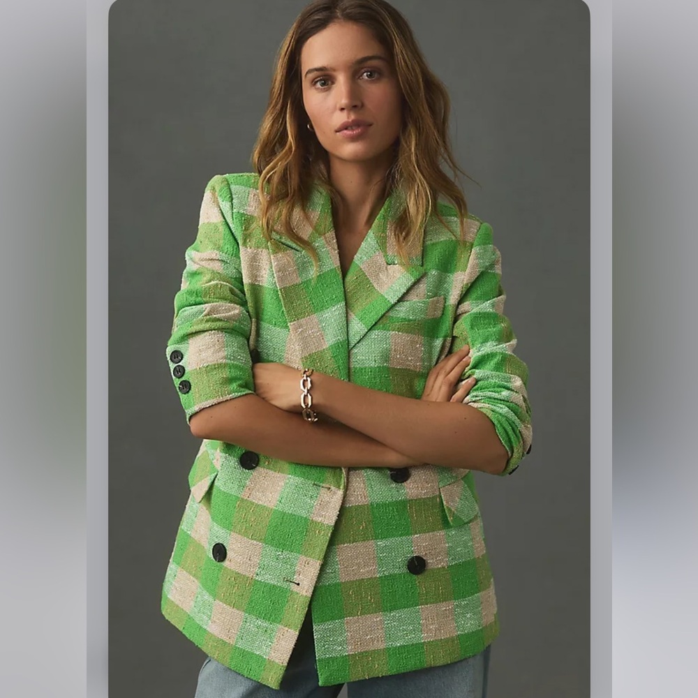 Anthropologie Avec Les Filles Vibrant Green and Cream Checkered Blazer NWT